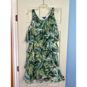 SLNY Women Green Tropical Leaf Print Tiered Ruffle Sleeveless Dress 16 NWT